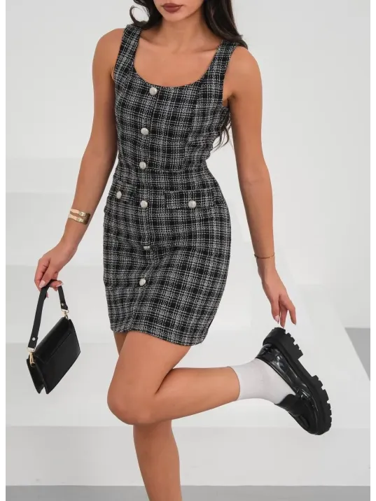 Askılı Ch Kumaş Düğmeli Elbise Siyahbeyaz H265007