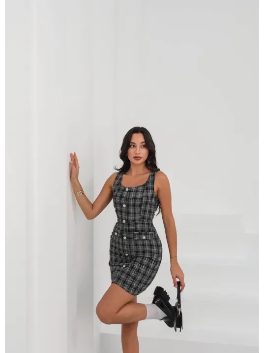 Askılı Ch Kumaş Düğmeli Elbise Siyahbeyaz H265007