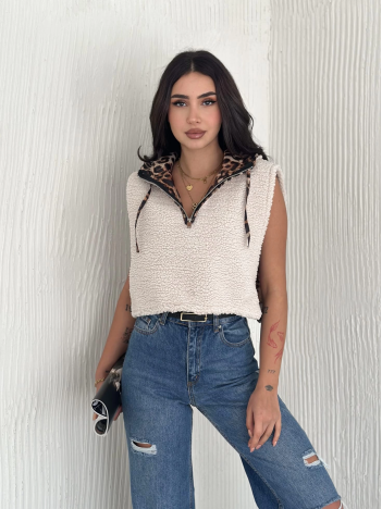 Astarlı kapşonlu kuzu yelek beyaz t1243 Astarlı kapşonlu kuzu yelek beyaz t1243