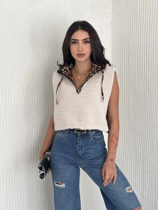 Astarlı kapşonlu kuzu yelek beyaz t1243 Astarlı kapşonlu kuzu yelek beyaz t1243