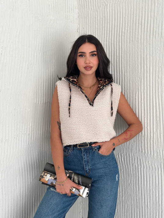 Astarlı kapşonlu kuzu yelek beyaz t1243 Astarlı kapşonlu kuzu yelek beyaz t1243