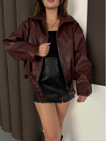 Astarlı kemerli pb deri ceket bordo onst