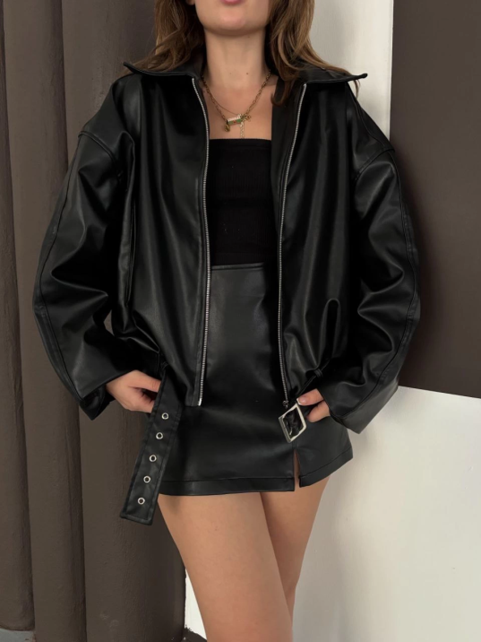 Astarlı kemerli pb deri ceket siyah onst Astarlı kemerli pb deri ceket siyah onst