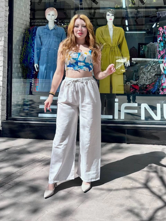 Bağcıklı keten pantolon krem