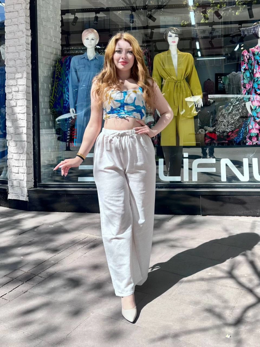 Bağcıklı keten pantolon krem