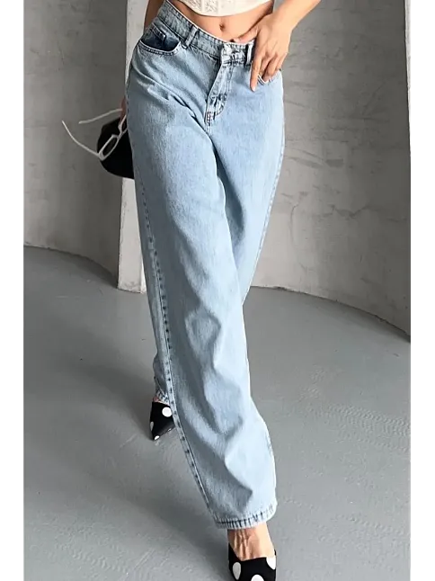 Baggy Kar Yıkama Buz Mavi Jeans Pantolon D2007