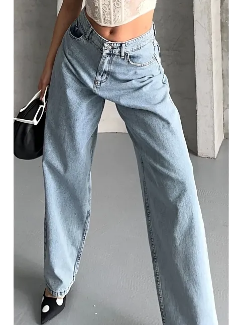 Baggy Kar Yıkama Buz Mavi Jeans Pantolon D2007
