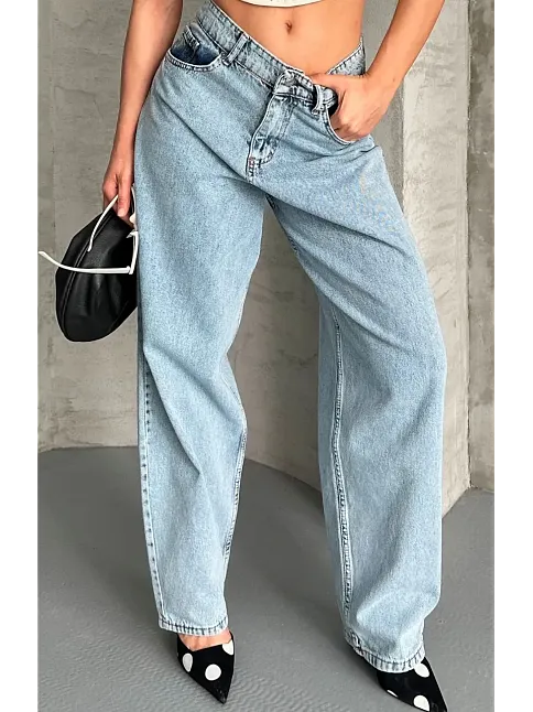 Baggy Kar Yıkama Buz Mavi Jeans Pantolon D2007