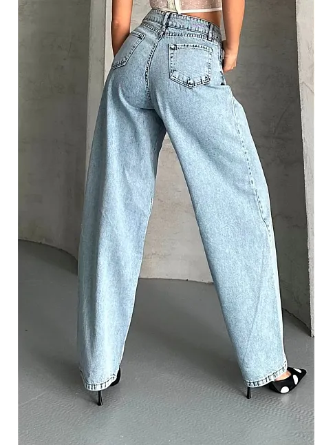 Baggy Kar Yıkama Buz Mavi Jeans Pantolon D2007