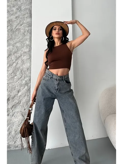 Baggy Kar Yıkama Eskitme Kahve Jeans Pantolon