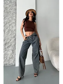 Baggy Kar Yıkama Eskitme Kahve Jeans Pantolon
