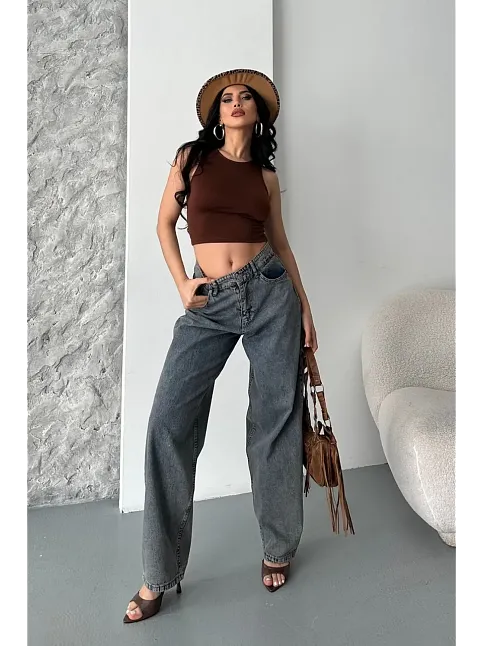 Baggy Kar Yıkama Eskitme Kahve Jeans Pantolon