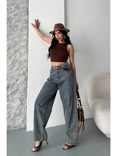 Baggy Kar Yıkama Eskitme Kahve Jeans Pantolon