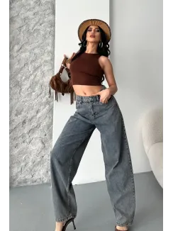 Baggy Kar Yıkama Eskitme Kahve Jeans Pantolon