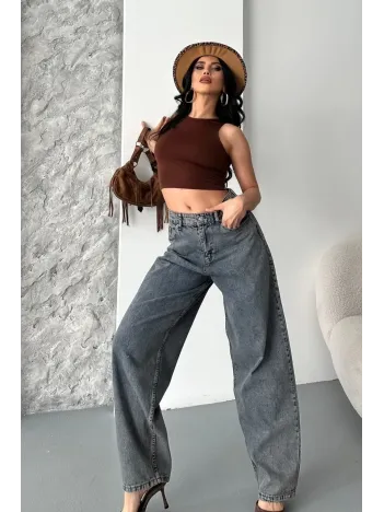 Baggy Kar Yıkama Eskitme Kahve Jeans Pantolon D2007