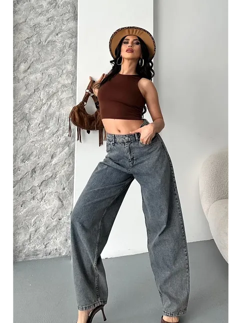 Baggy Kar Yıkama Eskitme Kahve Jeans Pantolon