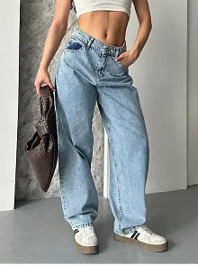 Baggy Kar Yıkama Orta Mavi Jeans Pantolon D2007
