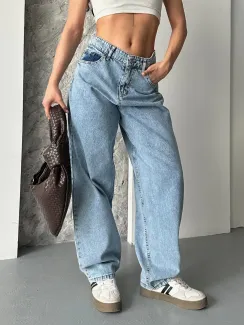 Baggy Kar Yıkama Orta Mavi Jeans Pantolon D2007