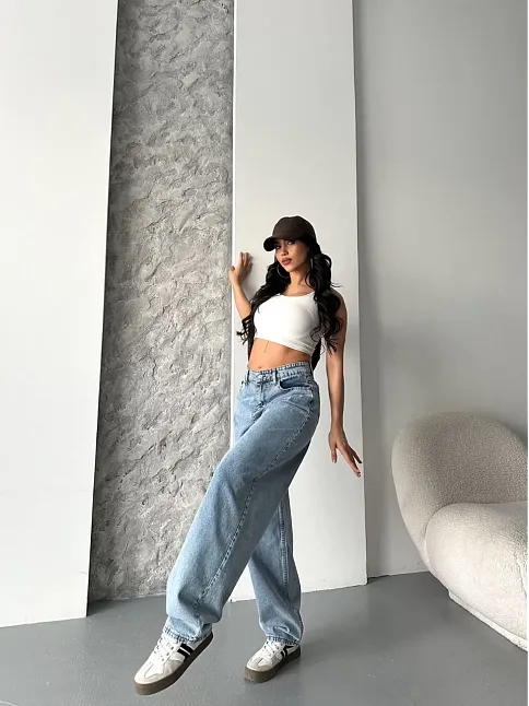 Baggy Kar Yıkama Orta Mavi Jeans Pantolon D2007
