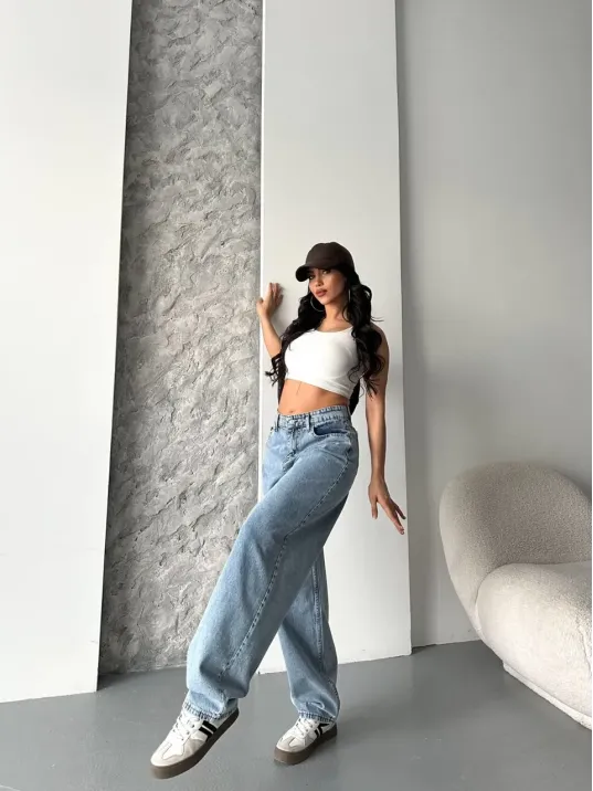 Baggy Kar Yıkama Orta Mavi Jeans Pantolon D2007 Baggy Kar Yıkama Orta Mavi Jeans Pantolon D2007