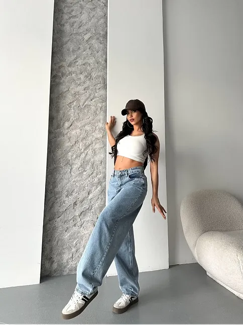 Baggy Kar Yıkama Orta Mavi Jeans Pantolon D2007