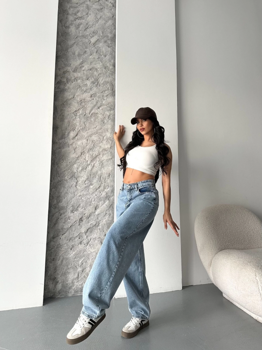 Baggy kar yıkama orta mavi jeans pantolon d2007 Baggy kar yıkama orta mavi jeans pantolon d2007