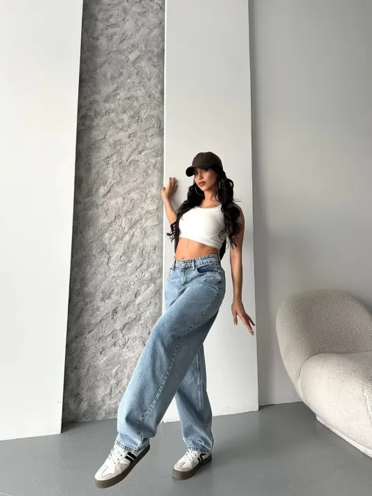 Baggy Kar Yıkama Orta Mavi Jeans Pantolon D2007 Baggy Kar Yıkama Orta Mavi Jeans Pantolon D2007