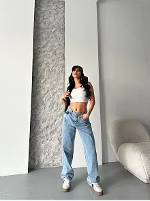 Baggy Kar Yıkama Orta Mavi Jeans Pantolon D2007