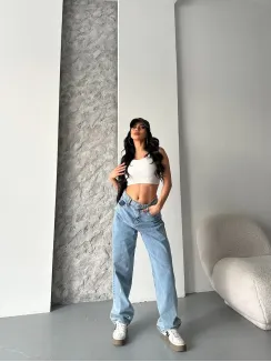 Baggy Kar Yıkama Orta Mavi Jeans Pantolon D2007