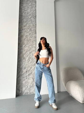 Baggy kar yıkama orta mavi jeans pantolon d2007 Baggy kar yıkama orta mavi jeans pantolon d2007