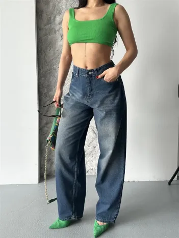 Baggy Süper Taş Bıyık Yıkama Kahve Tint Jeans Pantolon D2007