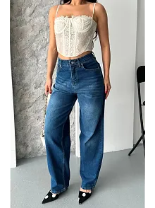Baggy Süper Taş Bıyık Yıkama Koyu Mavi Jeans Pantolon D2007