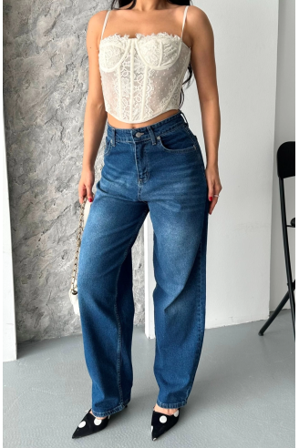 Baggy süper taş bıyık yıkama koyu mavi jeans pantolon d2007
