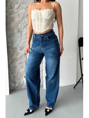 Baggy Süper Taş Bıyık Yıkama Koyu Mavi Jeans Pantolon D2007