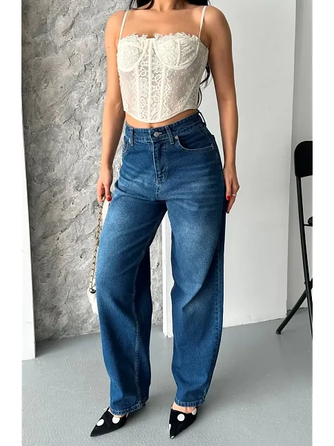 Baggy Süper Taş Bıyık Yıkama Koyu Mavi Jeans Pantolon D2007