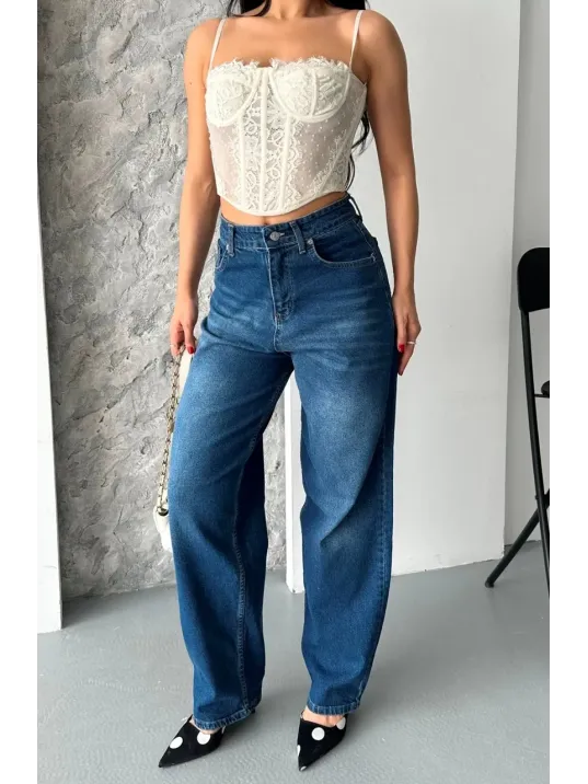 Baggy Süper Taş Bıyık Yıkama Koyu Mavi Jeans Pantolon D2007 Baggy Süper Taş Bıyık Yıkama Koyu Mavi Jeans Pantolon D2007