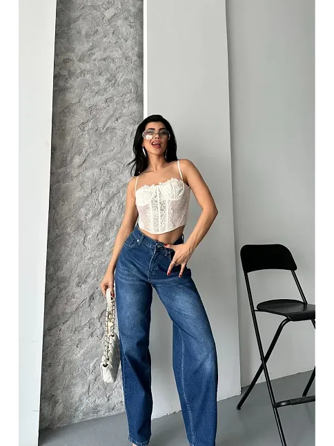 Baggy Süper Taş Bıyık Yıkama Koyu Mavi Jeans Pantolon D2007