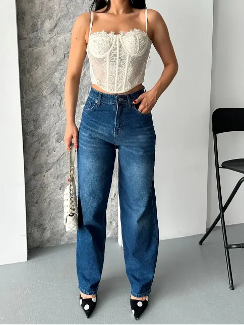 Baggy Süper Taş Bıyık Yıkama Koyu Mavi Jeans Pantolon D2007