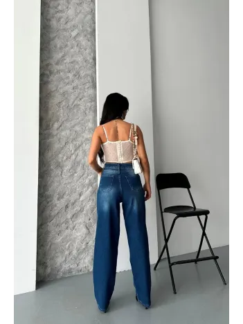 Baggy Süper Taş Bıyık Yıkama Koyu Mavi Jeans Pantolon D2007
