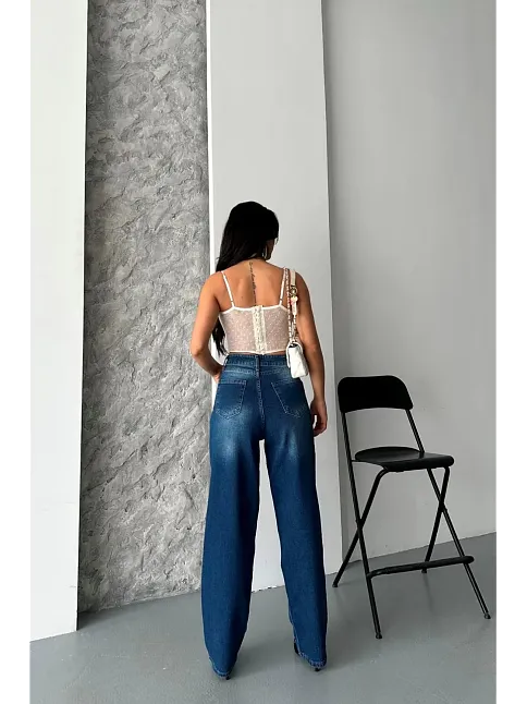 Baggy Süper Taş Bıyık Yıkama Koyu Mavi Jeans Pantolon D2007