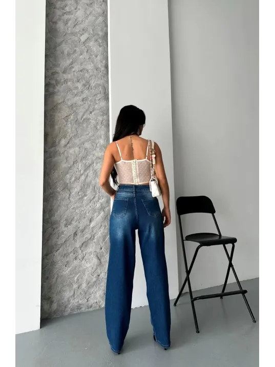 Baggy Süper Taş Bıyık Yıkama Koyu Mavi Jeans Pantolon D2007 Baggy Süper Taş Bıyık Yıkama Koyu Mavi Jeans Pantolon D2007