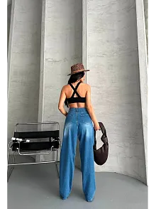 Baggy Süper Taş Bıyık Yıkama Mavi Jeans Pantolon D2007