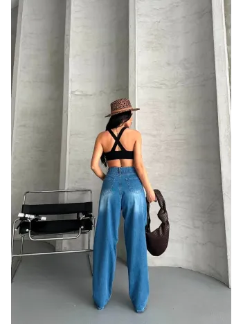 Baggy Süper Taş Bıyık Yıkama Mavi Jeans Pantolon D2007