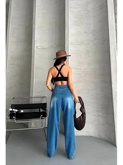 Baggy Süper Taş Bıyık Yıkama Mavi Jeans Pantolon D2007