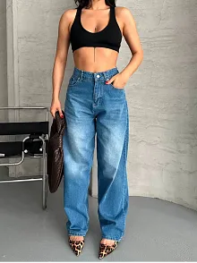 Baggy Süper Taş Bıyık Yıkama Mavi Jeans Pantolon D2007