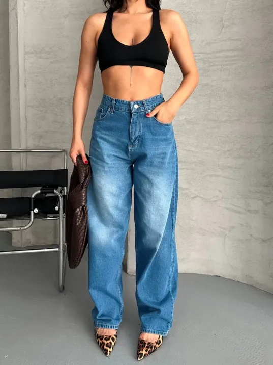 Baggy Süper Taş Bıyık Yıkama Mavi Jeans Pantolon D2007 Baggy Süper Taş Bıyık Yıkama Mavi Jeans Pantolon D2007