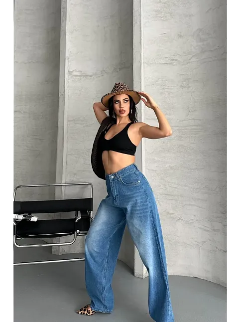 Baggy Süper Taş Bıyık Yıkama Mavi Jeans Pantolon D2007