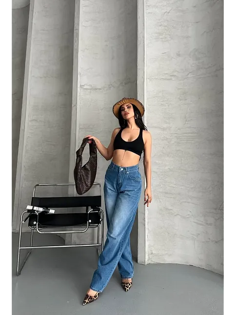 Baggy Süper Taş Bıyık Yıkama Mavi Jeans Pantolon D2007