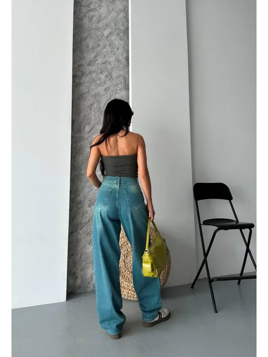 Baggy Taş Enzim Bıyık Yıkama Jeans Pantolon Yeşil Tint D2007 Baggy Taş Enzim Bıyık Yıkama Jeans Pantolon Yeşil Tint D2007