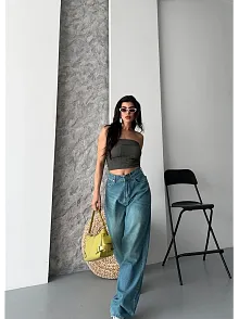 Baggy Taş Enzim Bıyık Yıkama Jeans Pantolon Yeşil Tint D2007